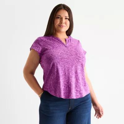 Liz Claiborne Womens Split Crew Neck Short Sleeve Plus Blouse Product Image