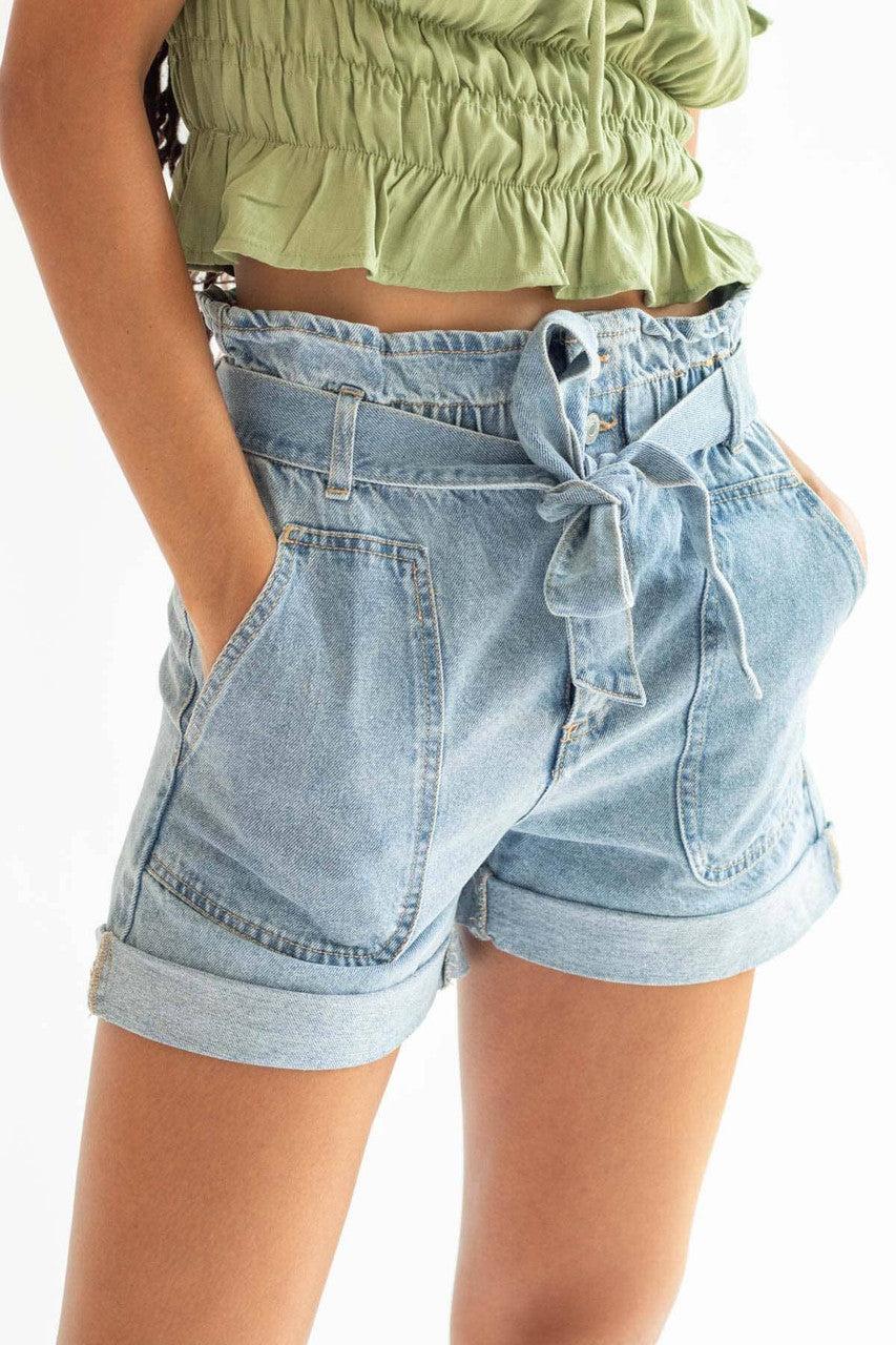 Tie Belt Paper Bag Waist Denim Shorts Product Image