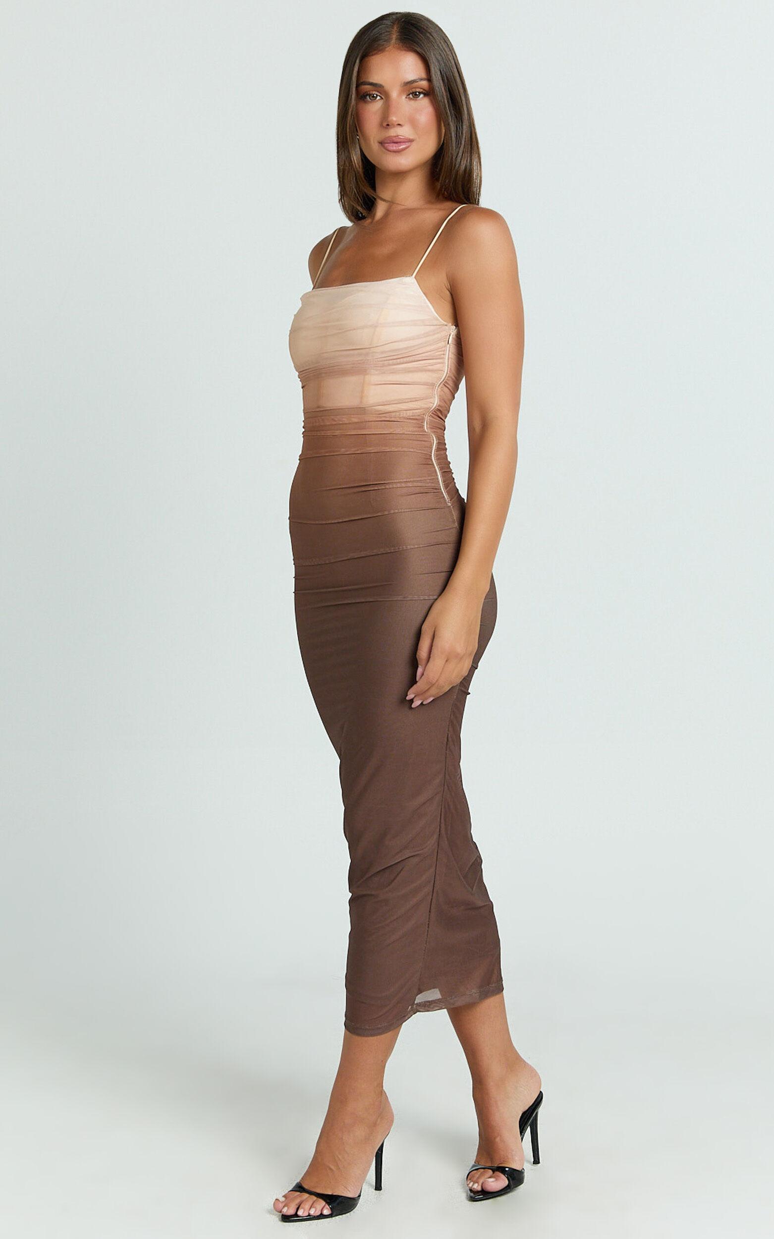 Aldine Midi Dress - Ombre Mesh Bodycon Dress in Chocolate Product Image