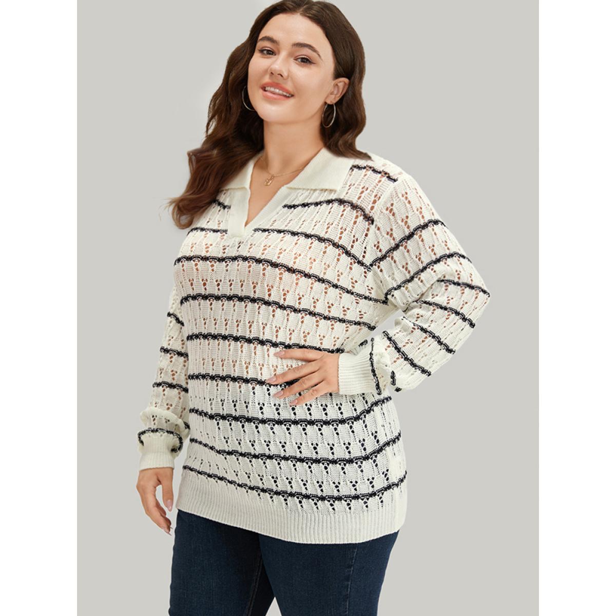 Plus Size Striped Hollow Out Lapel Collar Pullover Beige Women Casual Bodycon Long Sleeve Lapel Collar Dailywear Pullovers BloomChic 18-20/2X Product Image