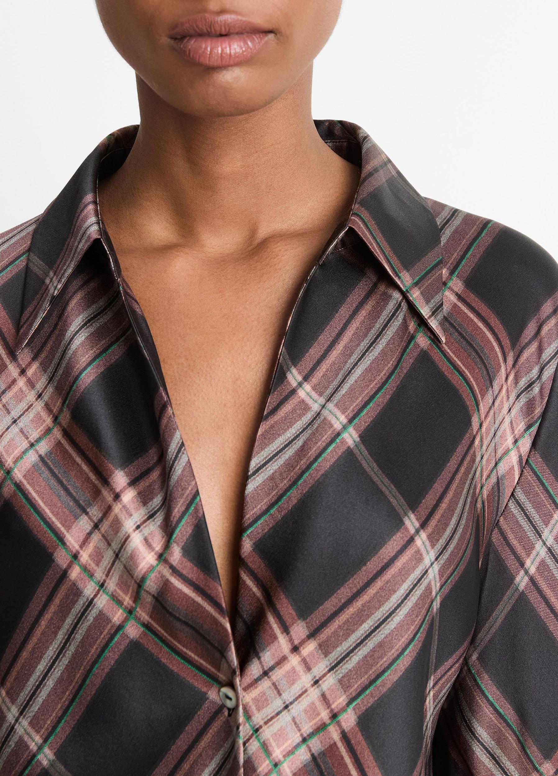 Plaid Silk Bias Long-Sleeve Blouse Product Image