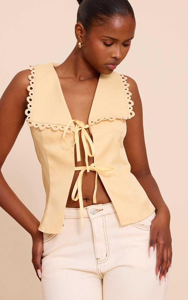 Butter Yellow Lace Trim Detail Tie Up Blouse Product Image