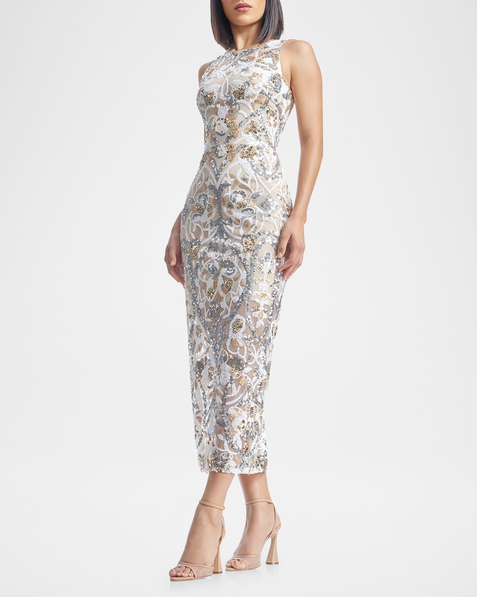 Helena Beaded Floral Applique Midi Dress Product Image