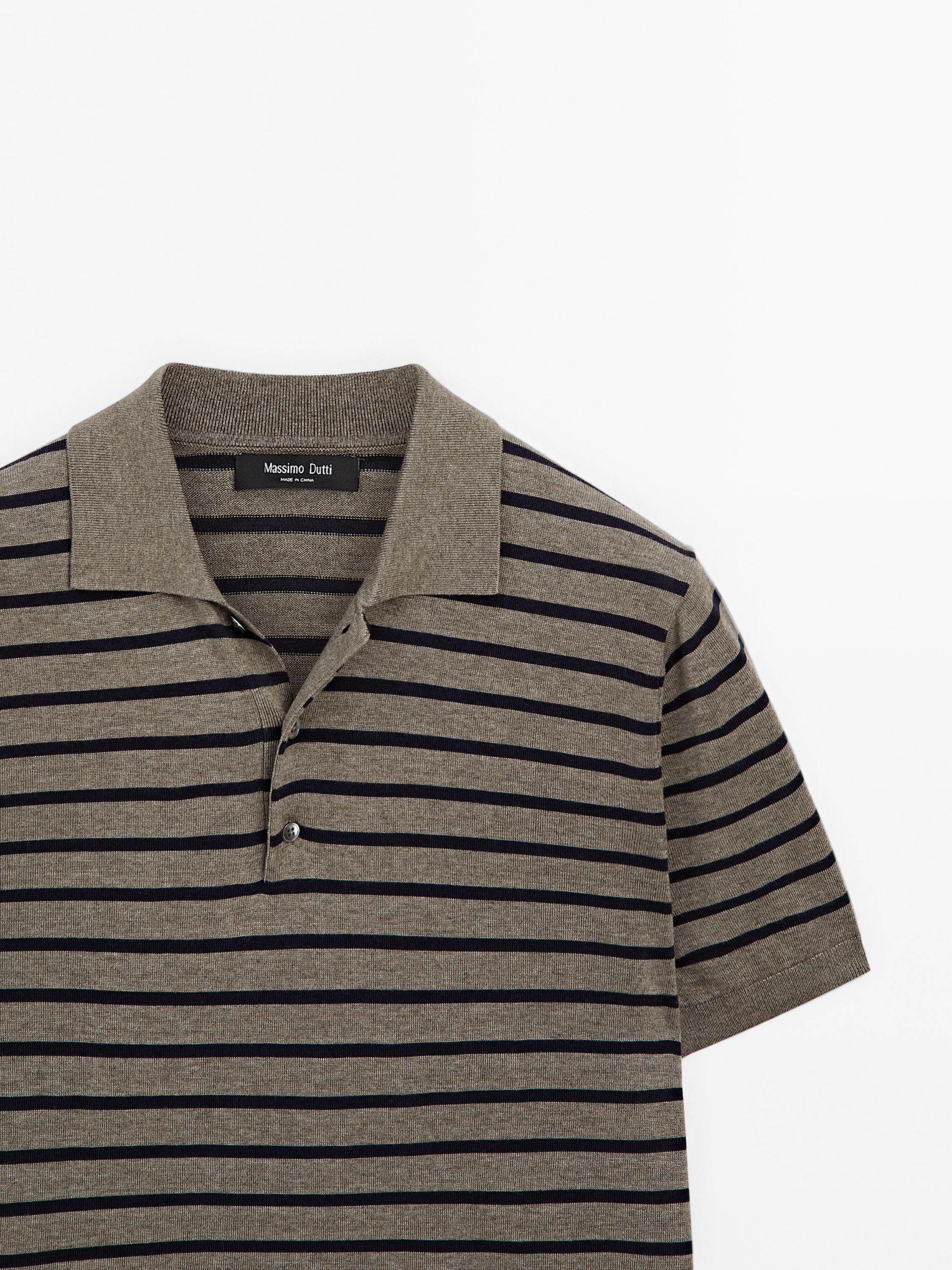 Short sleeve striped knit polo shirt Product Image