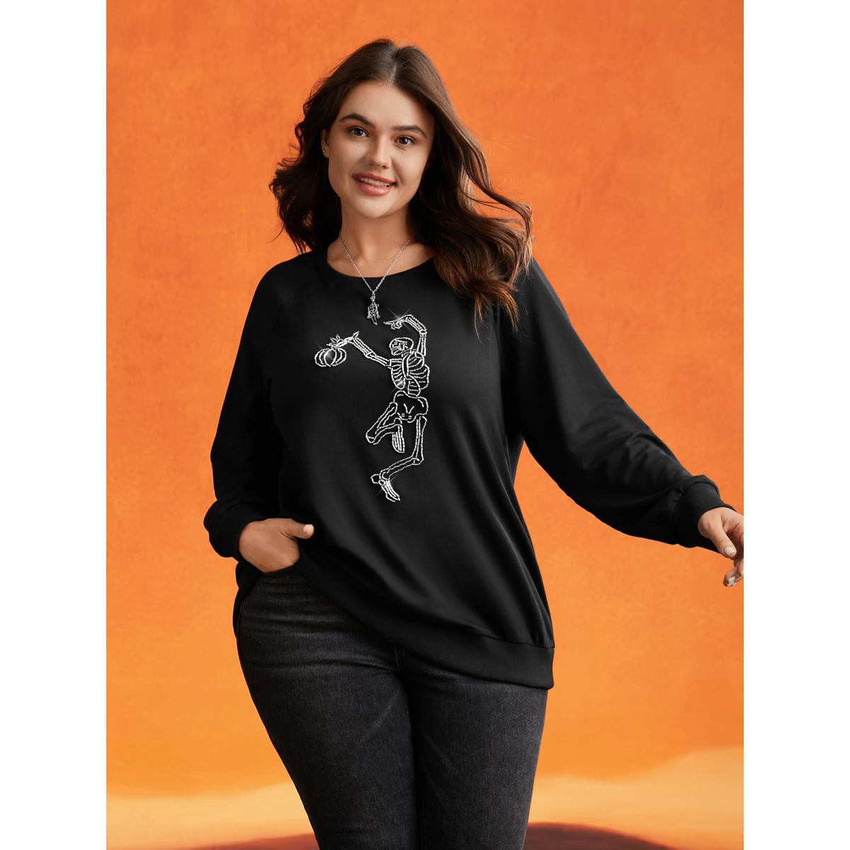 Plus Size Skull Embellished Raglan Sweatshirt Women Black Casual Patchwork Loose Round Neck Everyday Sweatshirts BloomChic 26/4X Product Image