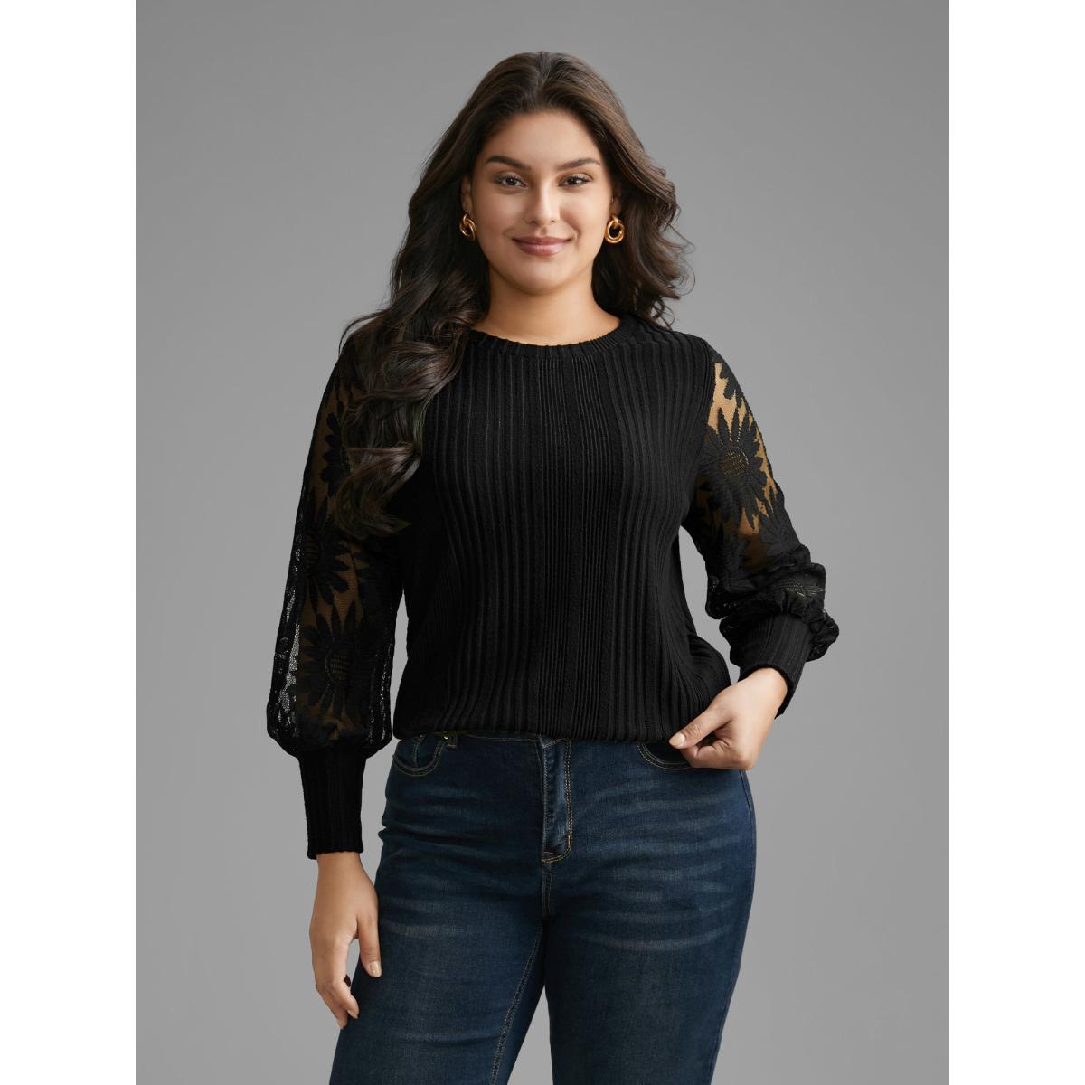 Plus Size Texture Lace Patchwork Mesh T-shirt Black Women Elegant Texture Round Neck Everyday T-shirts BloomChic 30/6X Product Image