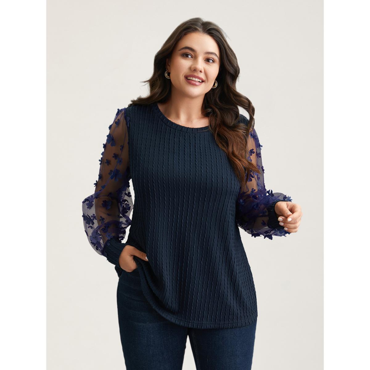 Plus Size Sheer Sleeve Textured Patchwork Round Neck T-Shirt Indigo Women Elegant Texture Round Neck Everyday T-shirts BloomChic 28/5X Product Image