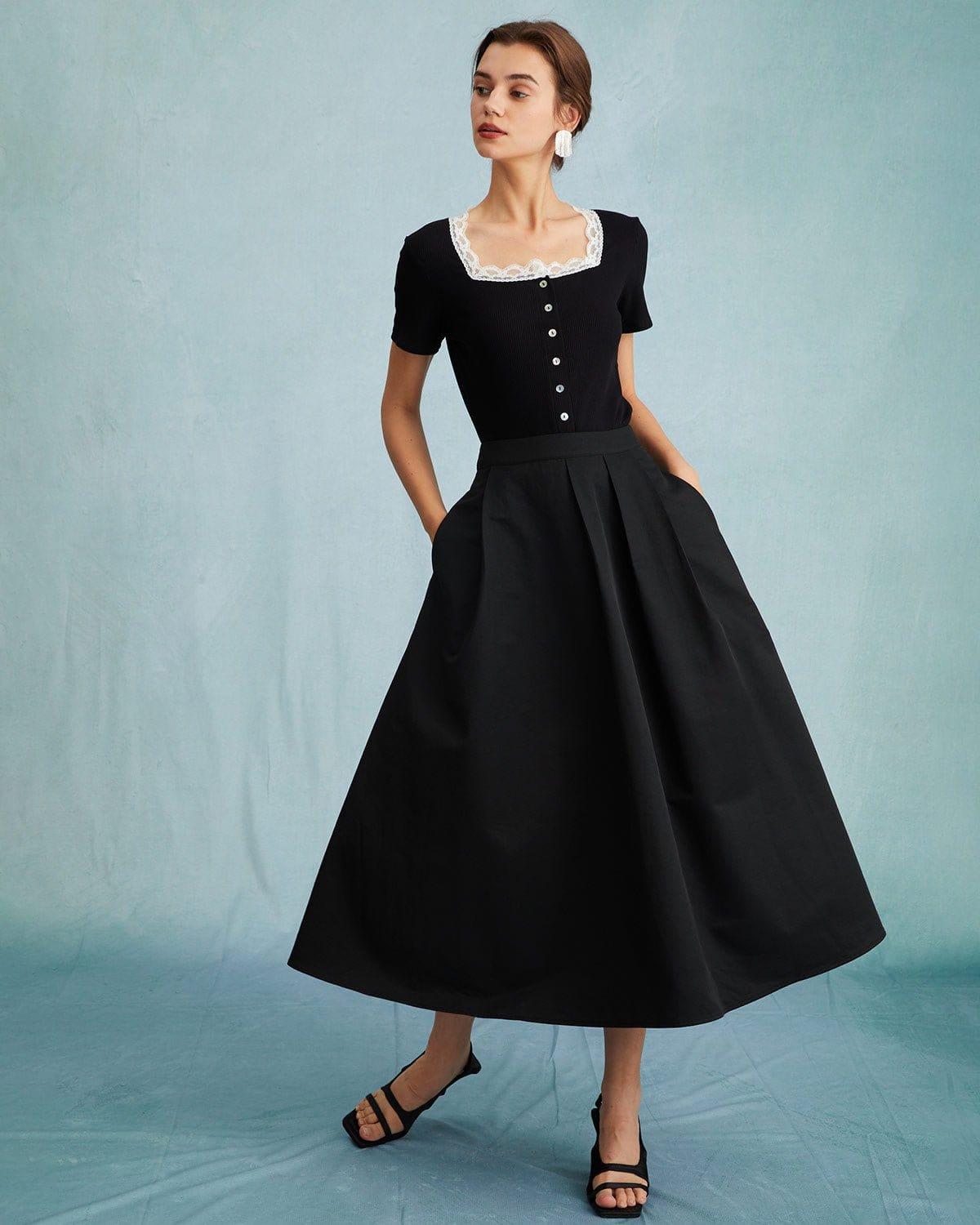 The Black High Waisted Pleated Midi Skirt Product Image
