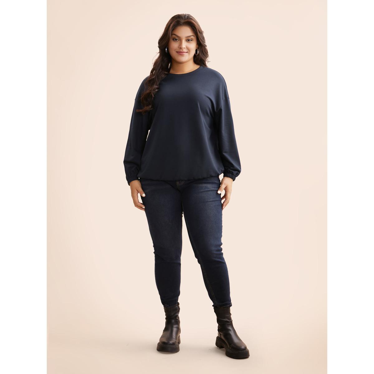 Plus Size Slightly Stretchy Drop Shoulder Sleeve Sweatshirt Women Indigo Casual Non Round Neck Everyday Sweatshirts BloomChic 14-16/1X Product Image