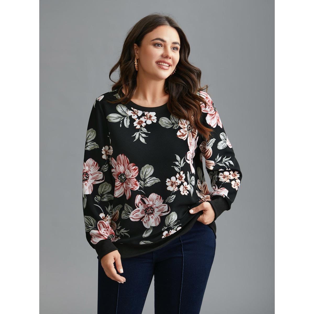 Plus Size Big Flowers Crew Neck Elastic Sweatshirt Women Black Elegant Contrast Round Neck Everyday Sweatshirts BloomChic 10/M Product Image