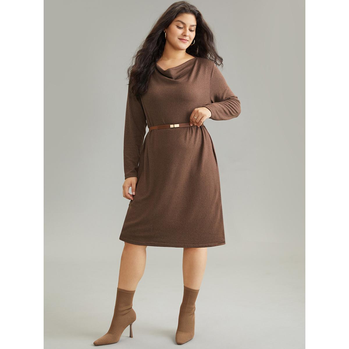 Plus Size Solid Heather Cowl Neck Knit Dress DarkBrown Women Casual Plain Cowl Neck Long Sleeve Curvy Midi Dress BloomChic 18-20/2X Product Image