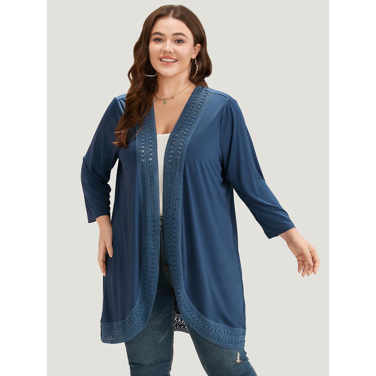 Plus Size Supersoft Essentials Plain Lace Patchwork Open Front Kimono Women DarkBlue Casual Plain Dailywear Kimonos BloomChic 10/M Product Image