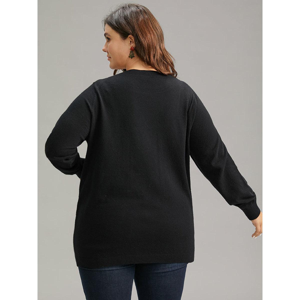 Plus Size Supersoft Essentials Christmas Elk Letter Crew Neck Pullover Black Women Casual Long Sleeve Round Neck Festival-Christmas Pullovers BloomChic 28/5X Product Image