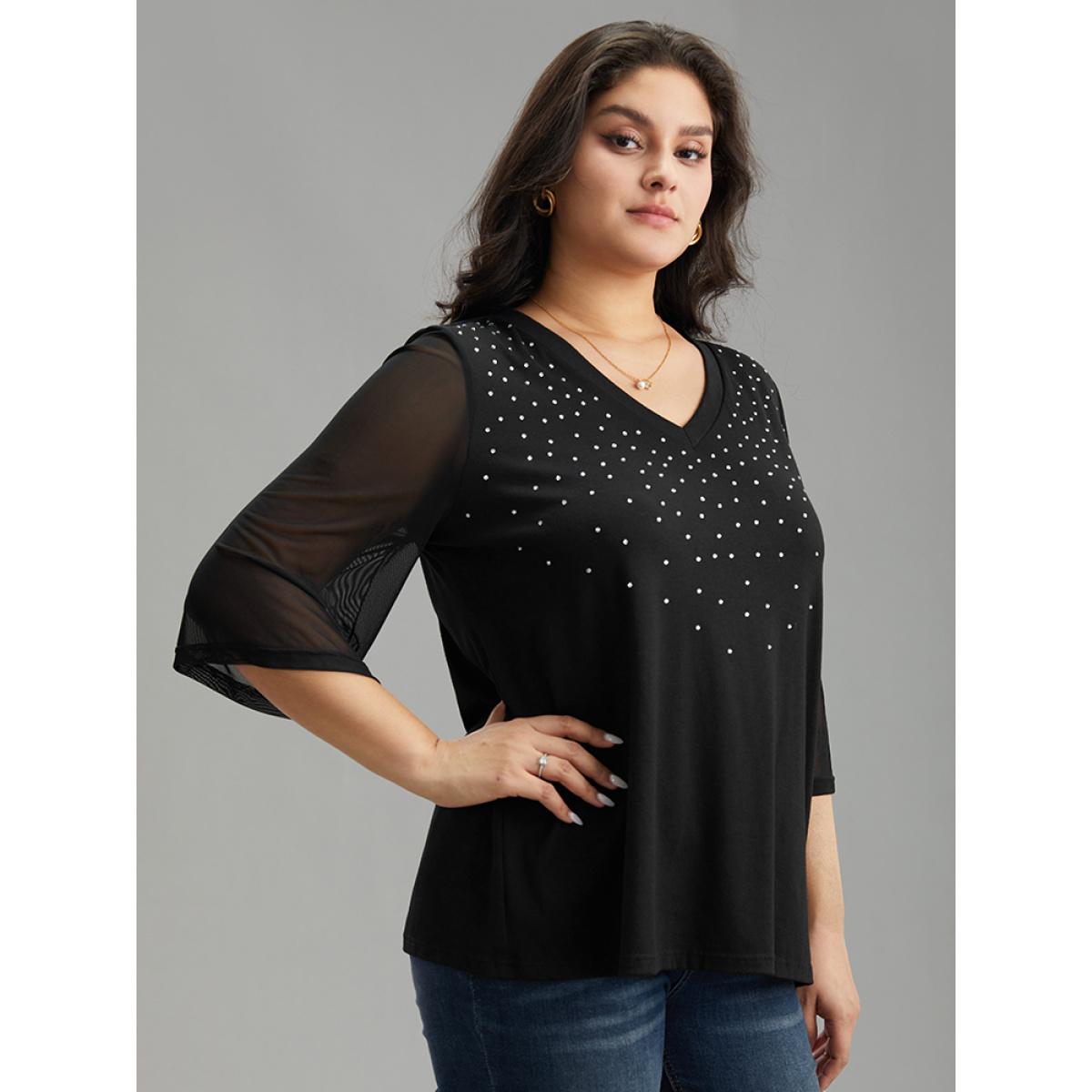 Plus Size Plain Patchwork Mesh Rhinestone Detailing T-shirt Black Women Elegant Rhinestone detailing Galaxy V-neck Dailywear T-shirts BloomChic 30/6X Product Image