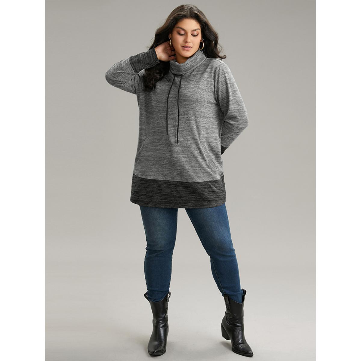 Plus Size Contrast Turtleneck Pocket Drawstring Sweatshirt Women DimGray Casual Contrast Turtleneck Dailywear Sweatshirts BloomChic 18-20/2X Product Image