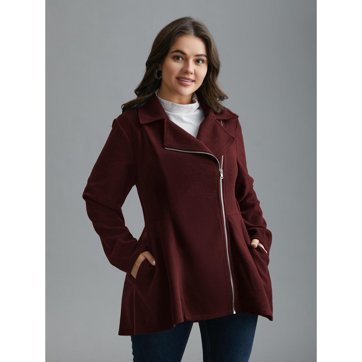 Plus Size Curved Hem Zipper Placket Pockets Coat Women Burgundy Elegant Non Bodycon Ladies Everyday Winter Coats BloomChic 12/L Product Image