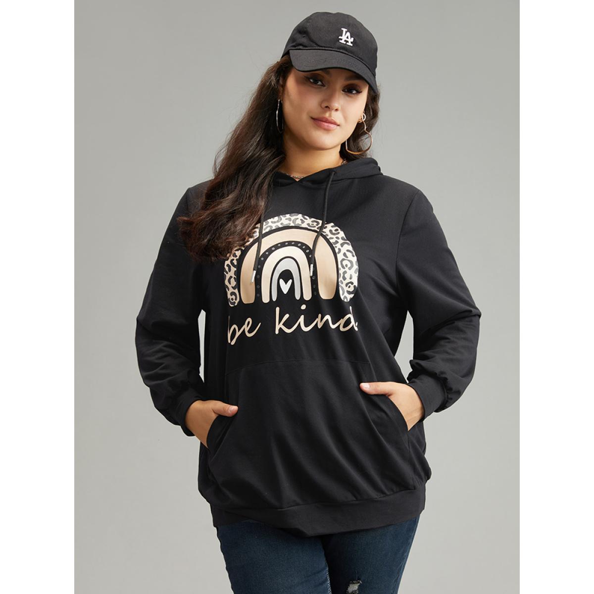 Plus Size Rainbow Print Hooded Pocket Drawstring Sweatshirt Women Black Casual Elastic cuffs Dailywear Sweatshirts BloomChic 12/L Product Image
