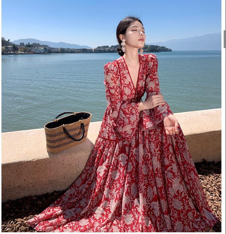 Long-Sleeve V-Neck Floral Print Tie Front Maxi A-Line Dress Product Image