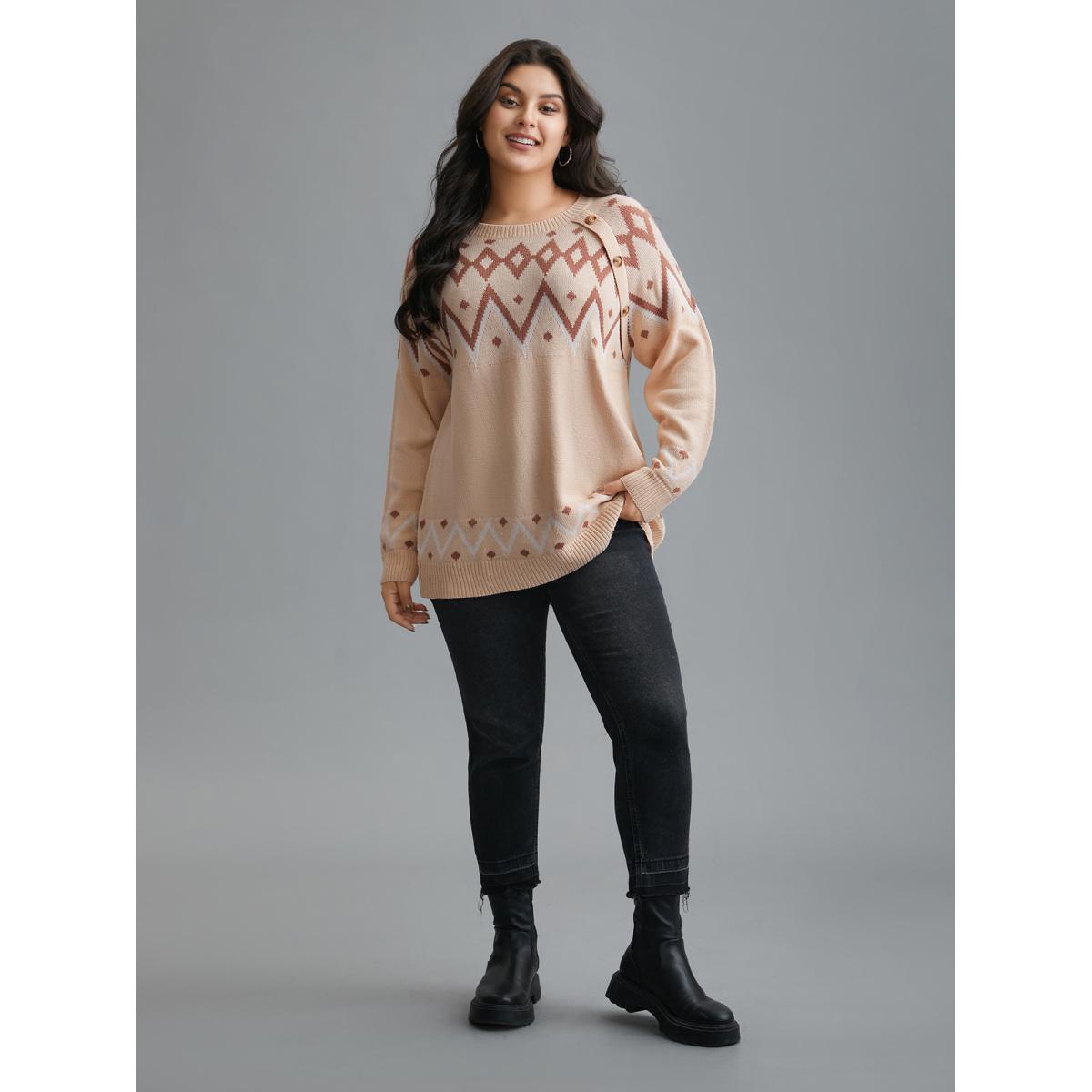 Plus Size Jacquard Print Button Round Neck Pullover Apricot Women Casual Loose Long Sleeve Round Neck Everyday Pullovers BloomChic 28/5X Product Image