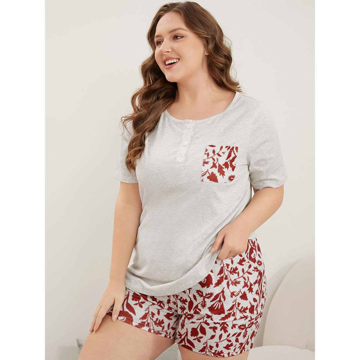 Plus Size Plant Print Button Up Pocket Round Neck Sleep Top Women WhiteSmoke Elegant Silhouette Floral Print Pocket Round Neck Pocket Loungewear BloomChic 14-16/1X Product Image