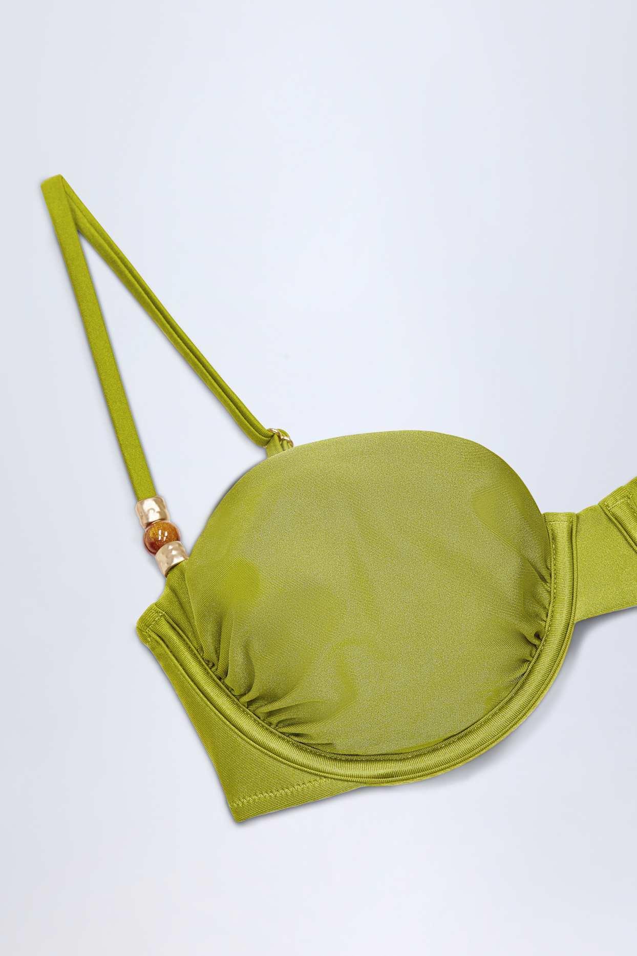 Bead-Embellished Ruched Underwired Bikini Top in Olive Green Product Image