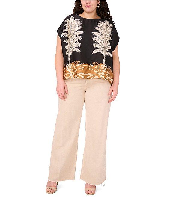 Vince Camuto Plus Size Coordinating Leaf Printed Crew Neck Short Sleeve Caftan Blouse Product Image