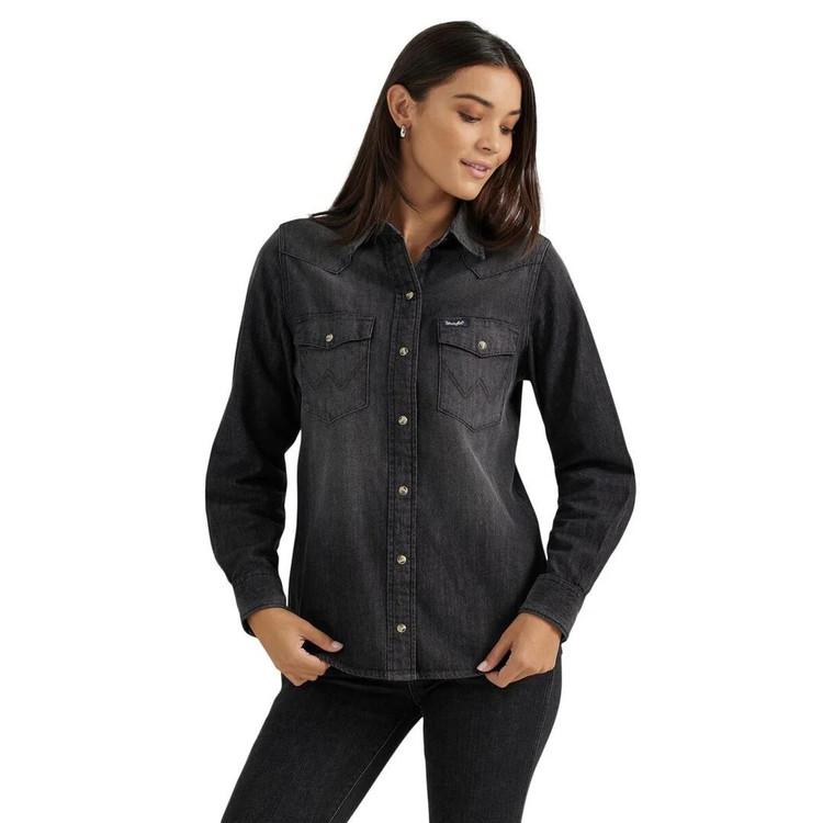 SALE Wrangler Retro® Ladies' L/S Black Denim Vintage Snap Shirt Product Image