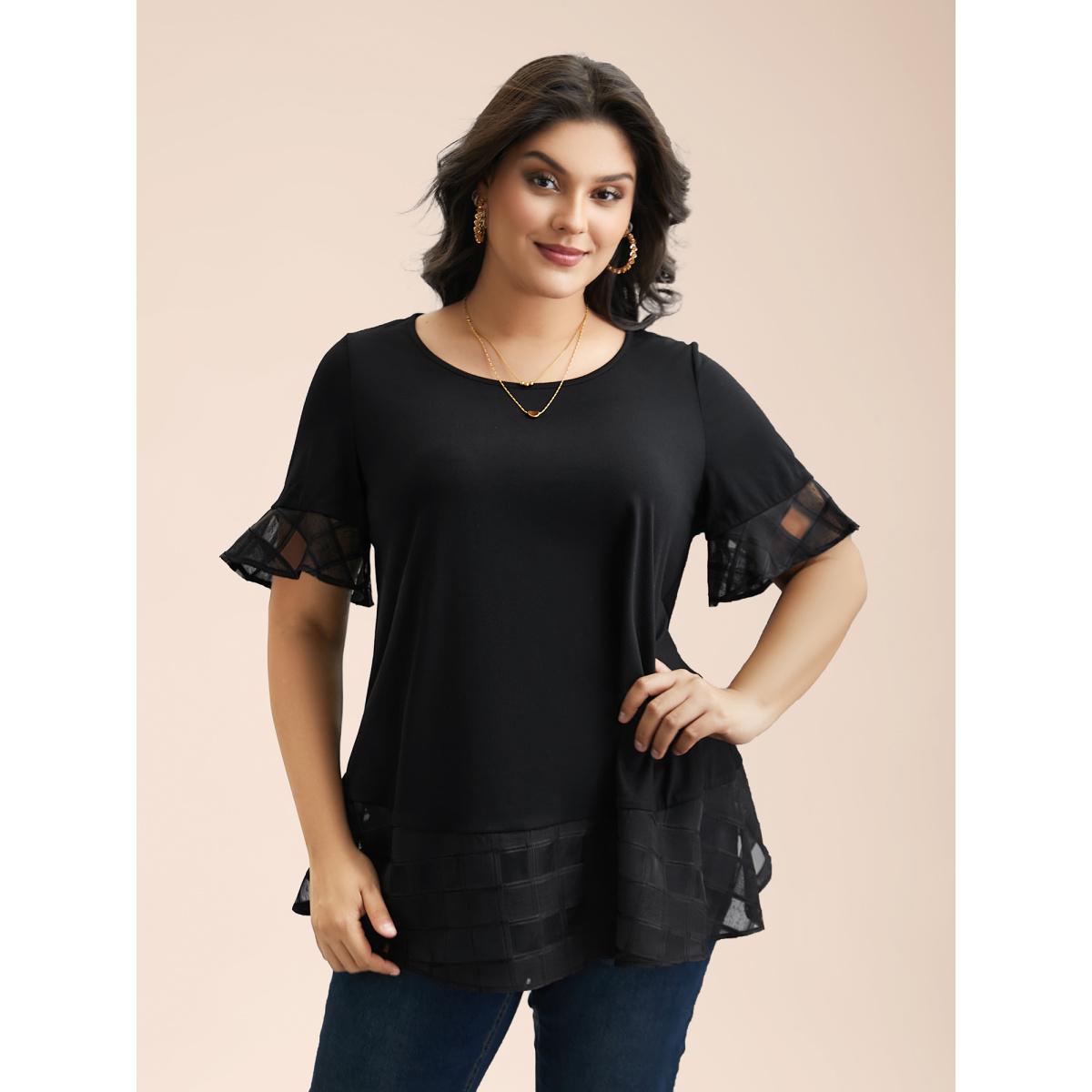 Plus Size Sheer Patchwork Ruffle Round Neck T-Shirt Black Women Elegant Patchwork Round Neck Everyday T-shirts BloomChic 14-16/1X Product Image