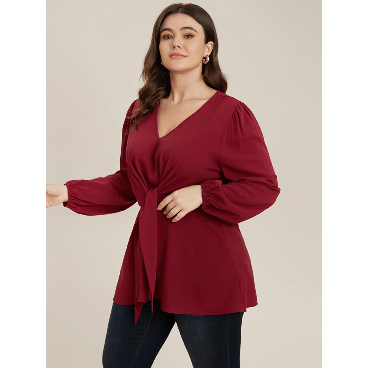 Plus Size Burgundy Solid V Neck Lantern Sleeve Knotted Front Blouse Women Elegant Long Sleeve V-neck Dailywear Blouses BloomChic 30/6X Product Image