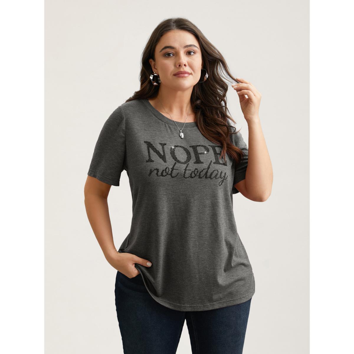 Plus Size Nope Not Today Print Rhinestone Round Neck T-Shirt Deepred Women Leisure Rhinestone detailing Round Neck Casual T-shirts BloomChic 10/M Product Image