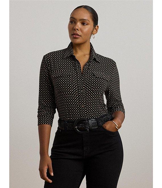 Lauren Ralph Lauren Plus Size Jersey Two-Tone Geometric Collared Long Sleeve Button Front Shirt Product Image