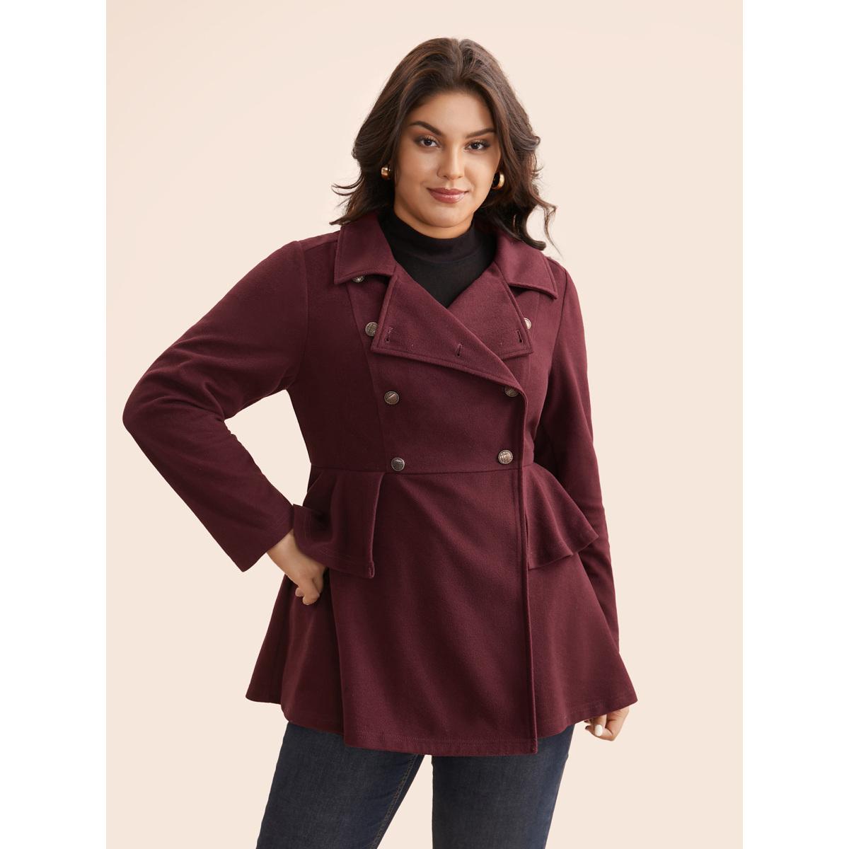 Plus Size Plain Button Up Ruffle Trim Coat Women Scarlet Elegant Button Bodycon Ladies Everyday Winter Coats BloomChic 14-16/1X Product Image