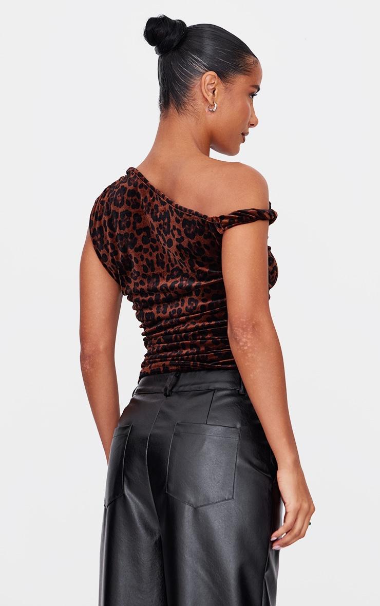 Brown Velvet Leopard Printed Asymmetric Shoulder Detail Long Top Product Image
