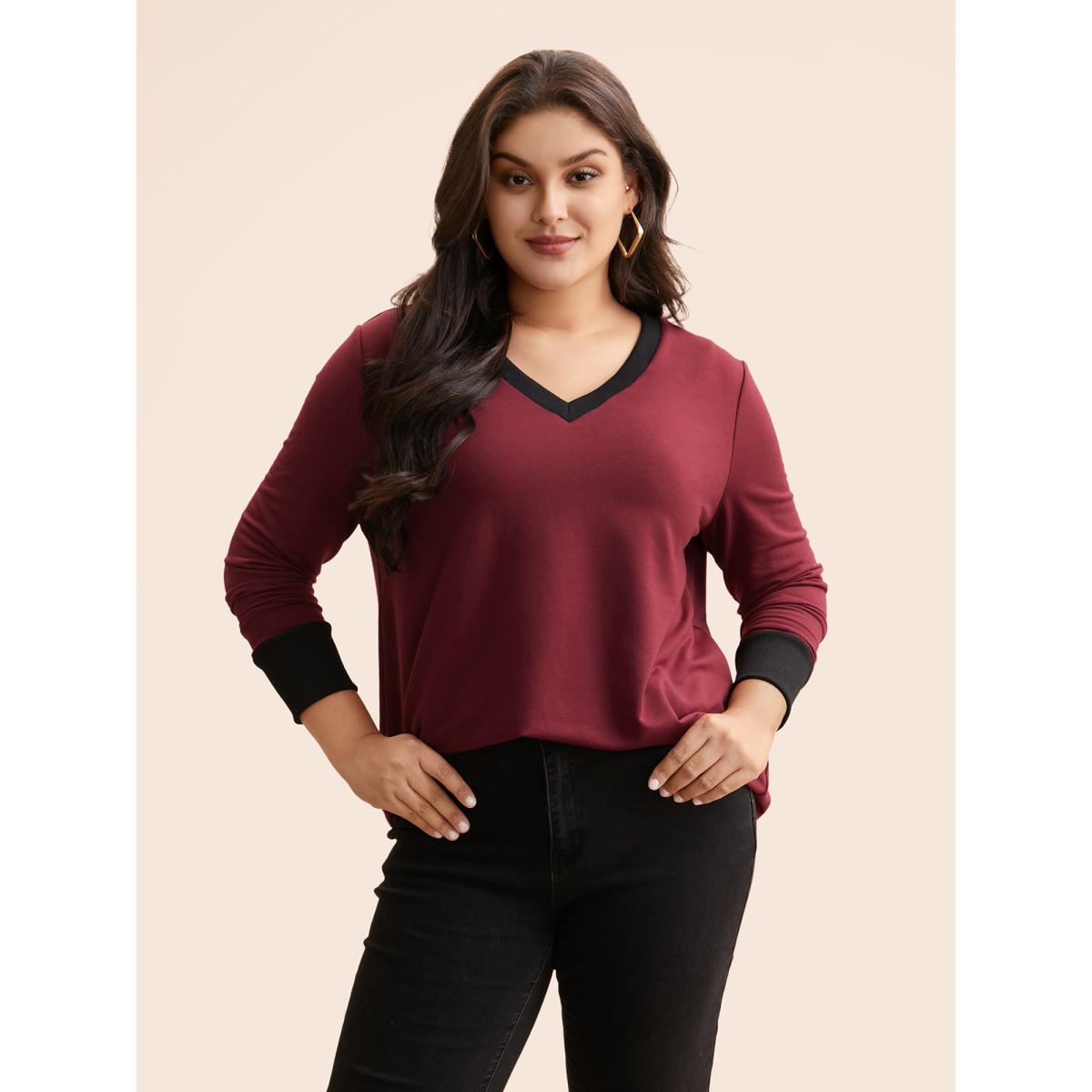 Plus Size V Neck Contrast Patchwork Sweatshirt Women Deepred Casual Contrast V-neck Everyday Sweatshirts BloomChic 18-20/2X Product Image