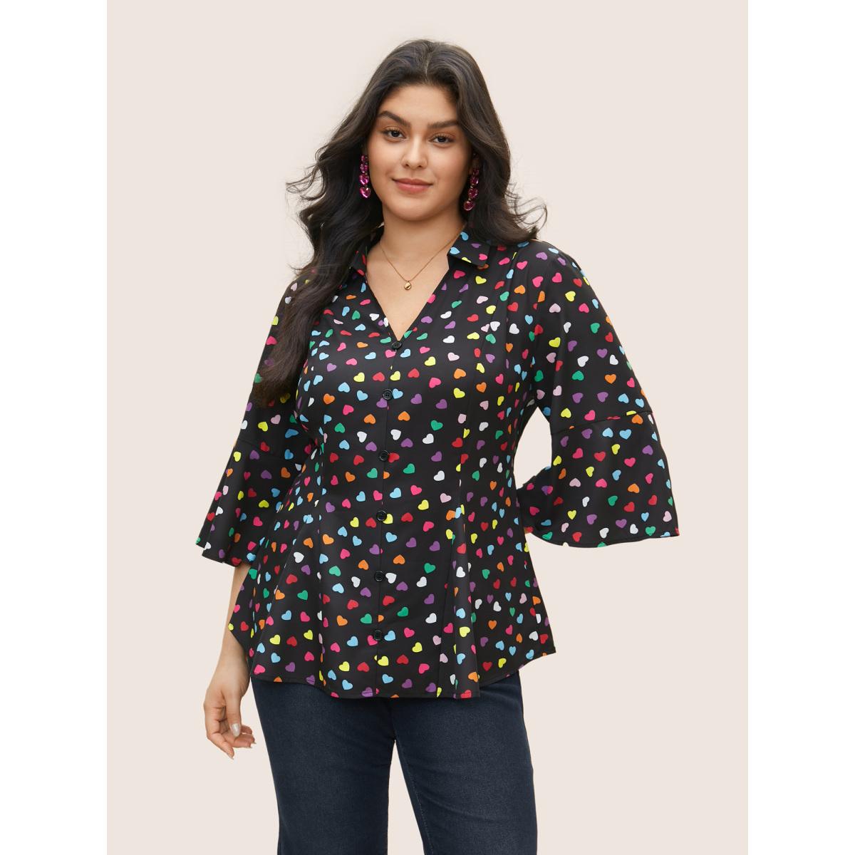Plus Size Black Colour Heart Print Bell Sleeve Blouse Women Elegant Elbow-length sleeve Shirt collar Everyday Blouses BloomChic 18-20/2X Product Image