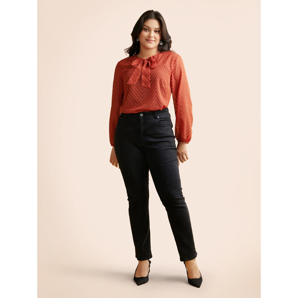 Plus Size Rust Wicked Neck Ribbon Lantern Sleeve Blouse Women Elegant Long Sleeve Ribbon-tied collar Everyday Blouses BloomChic 28/5X Product Image