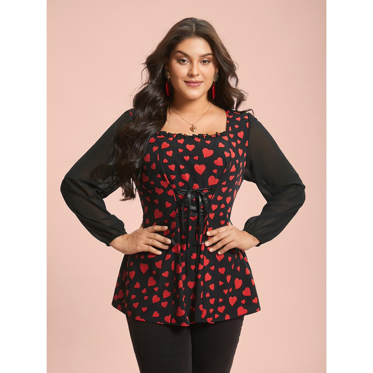 Plus Size Black Heart Print Patchwork Waist-Tie Blouse Women Romantic Extra Long Sleeve Square Neck Elegant Blouses BloomChic 14-16/1X Product Image