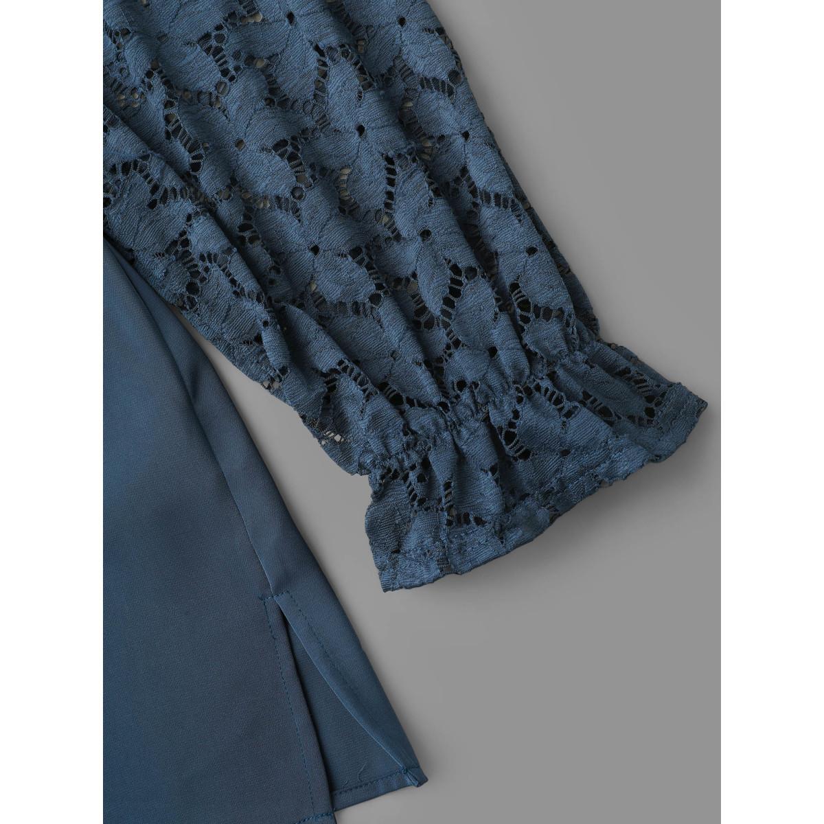 Plus Size Indigo Sheer Floral Sleeve Scalloped Neck Shirt Women Elegant Long Sleeve V-neck Everyday Blouses BloomChic 28/5X Product Image