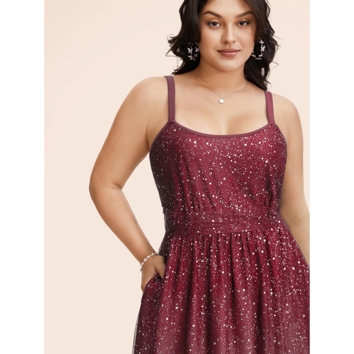 Plus Size Ombre Glitter Mesh Cami Midi Dress Burgundy Women Formal Texture U-neck Sleeveless Curvy BloomChic 12/L Product Image
