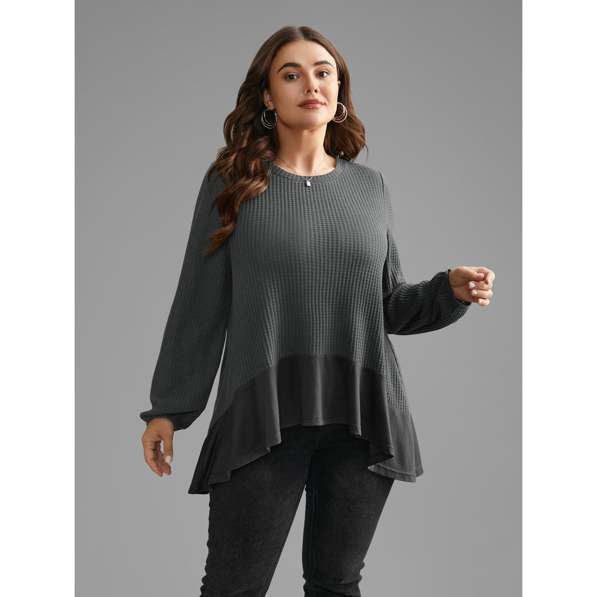 Plus Size Waffle Knit Patchwork High Low Hem T-shirt DimGray Women Casual Texture Round Neck Loose Everyday T-shirts BloomChic 14-16/1X Product Image