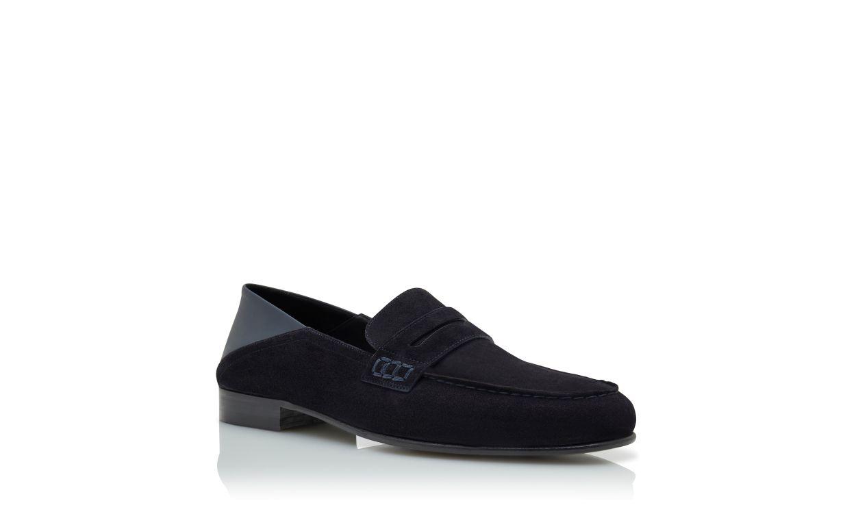 PLYMOUTH Navy Blue Suede Penny Loafers  Product Image
