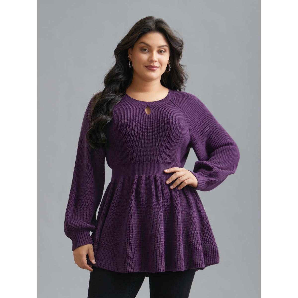 Plus Size Plain Textured Keyhole Raglan Sleeve Pullover Deeppurple Women Timeless Bodycon Long Sleeve Round Neck Elegant Pullovers BloomChic 30/6X Product Image