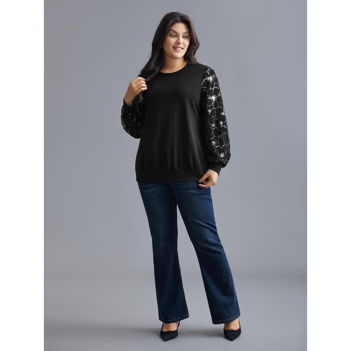 Plus Size Floral Sequin Mesh Patchwork Sweatshirt Women Black Elegant Patchwork Round Neck Everyday Sweatshirts BloomChic 12/L Product Image