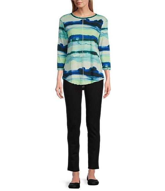 Westbound Petite Size Ocean Stripe 3/4 Sleeve Knit Crew Neck Top Product Image