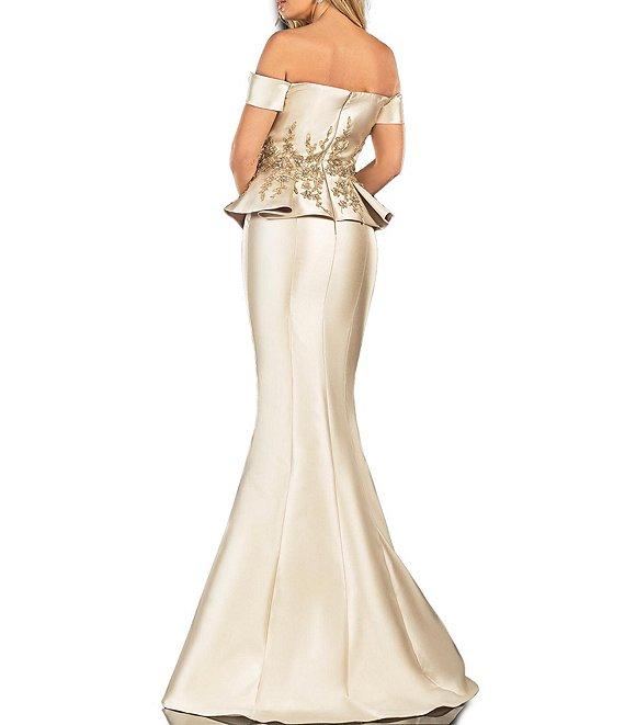 Terani Couture Off-the-Shoulder Pleated Floral Beaded Bodice Mermaid Gown Product Image
