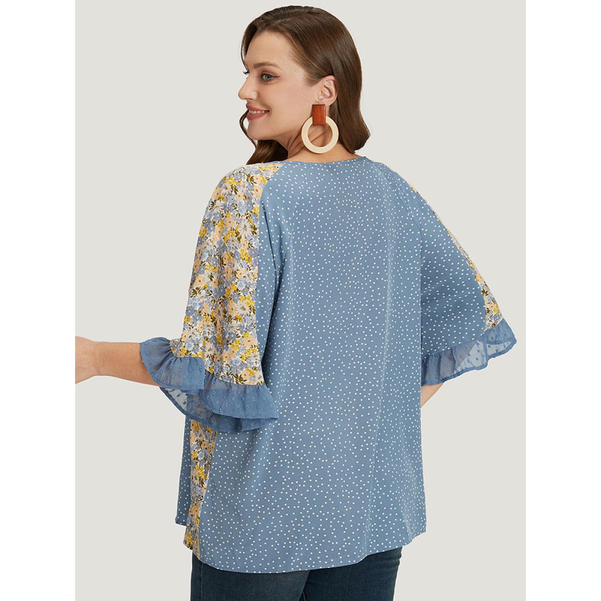 Plus Size Stone Polka Dot & Ditsy Floral Flounce Sleeve Lace Up Blouse Women Elegant Half Sleeve Tie Neck Dailywear Blouses BloomChic 10/M Product Image