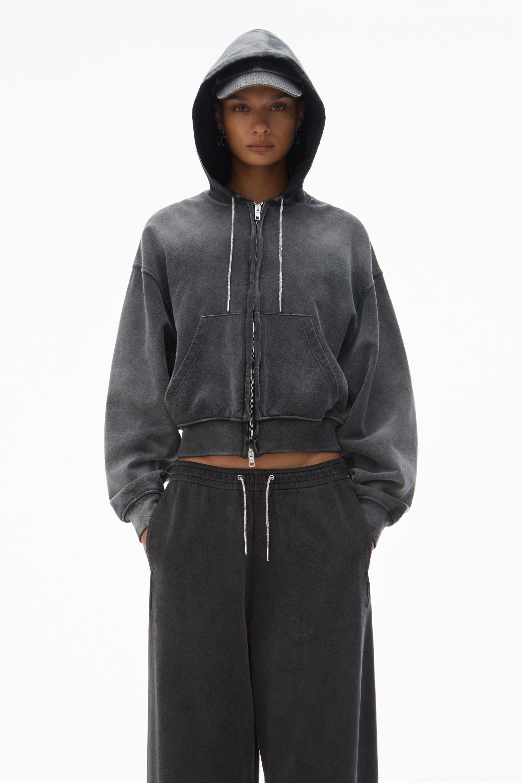 Cropped Zip-up Hoodie With Crystal Hotfix Drawcord Product Image