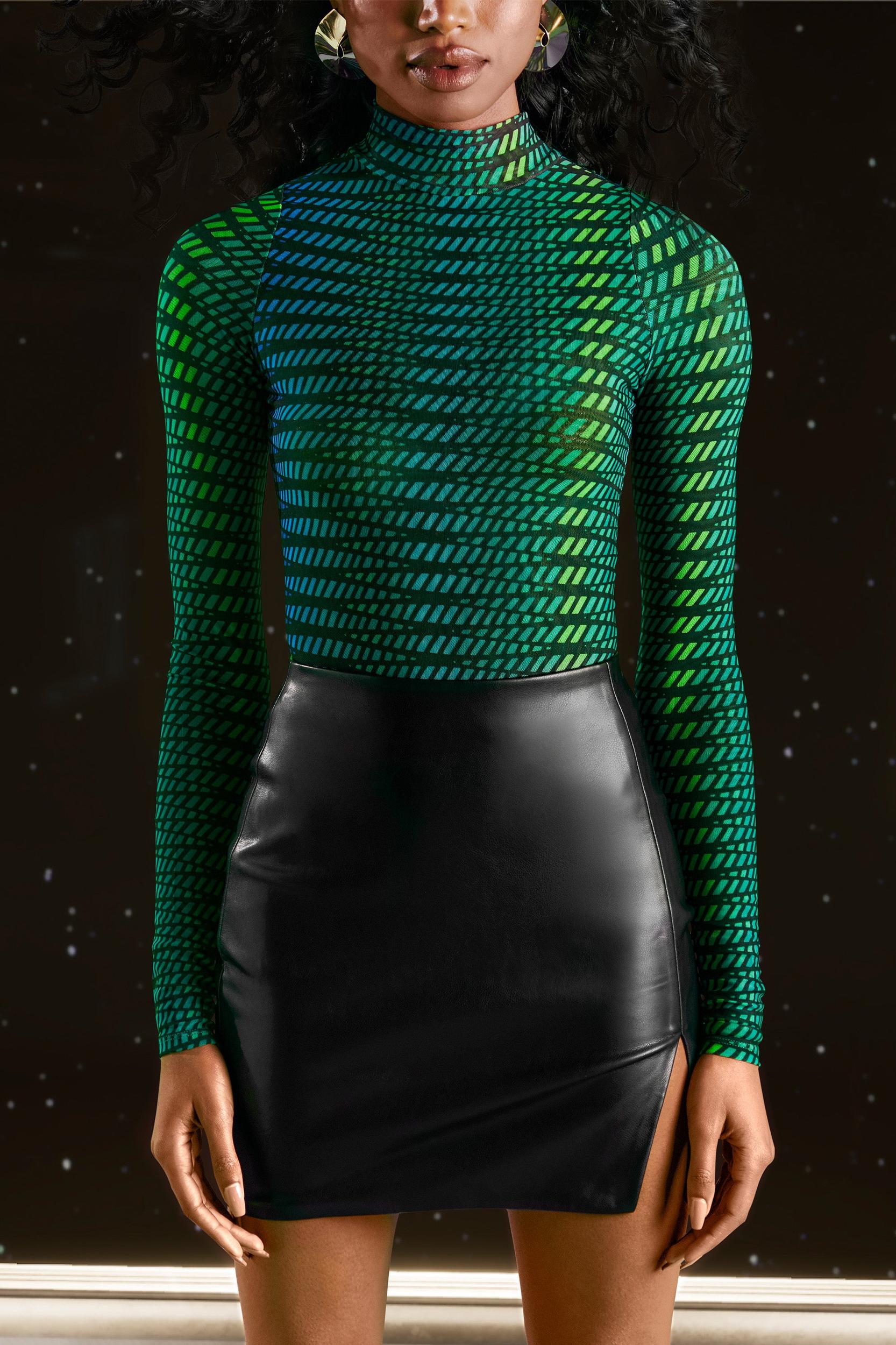 High Neck Mesh Bodysuit in Striped Print Product Image