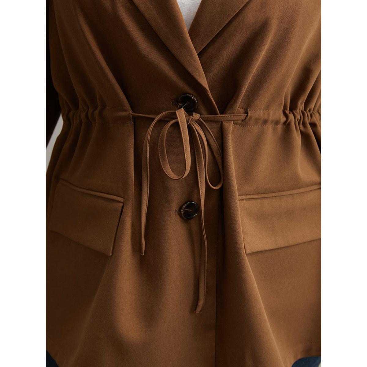 Plus Size Drawstring Flap Pocket Blazer Bronze Women Dailywear Plain Plain Sleeve Long Sleeve Suit Collar 10/M Pocket Casual Blazers BloomChic Product Image