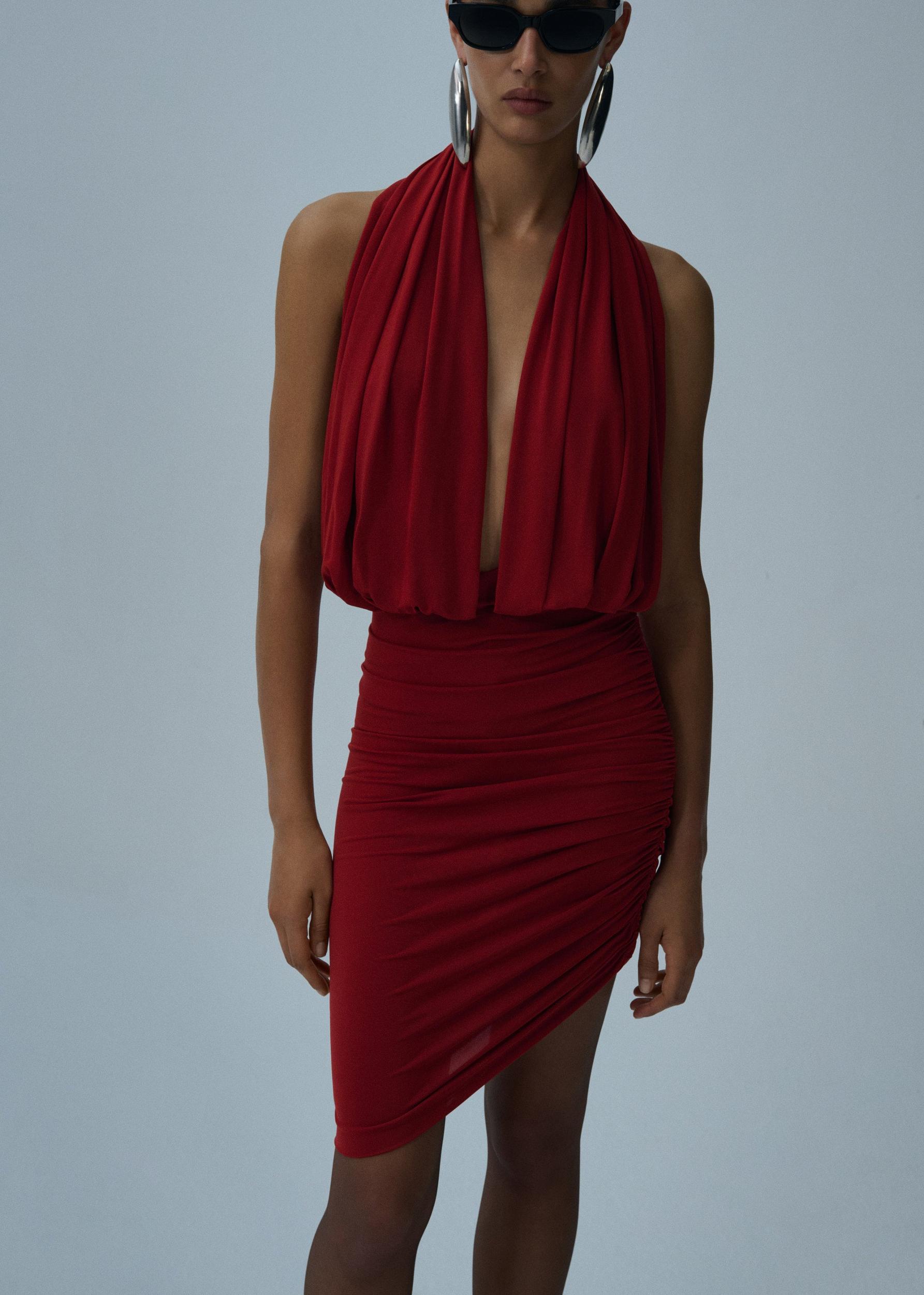 Plunge halter jersey midi dress in red Product Image